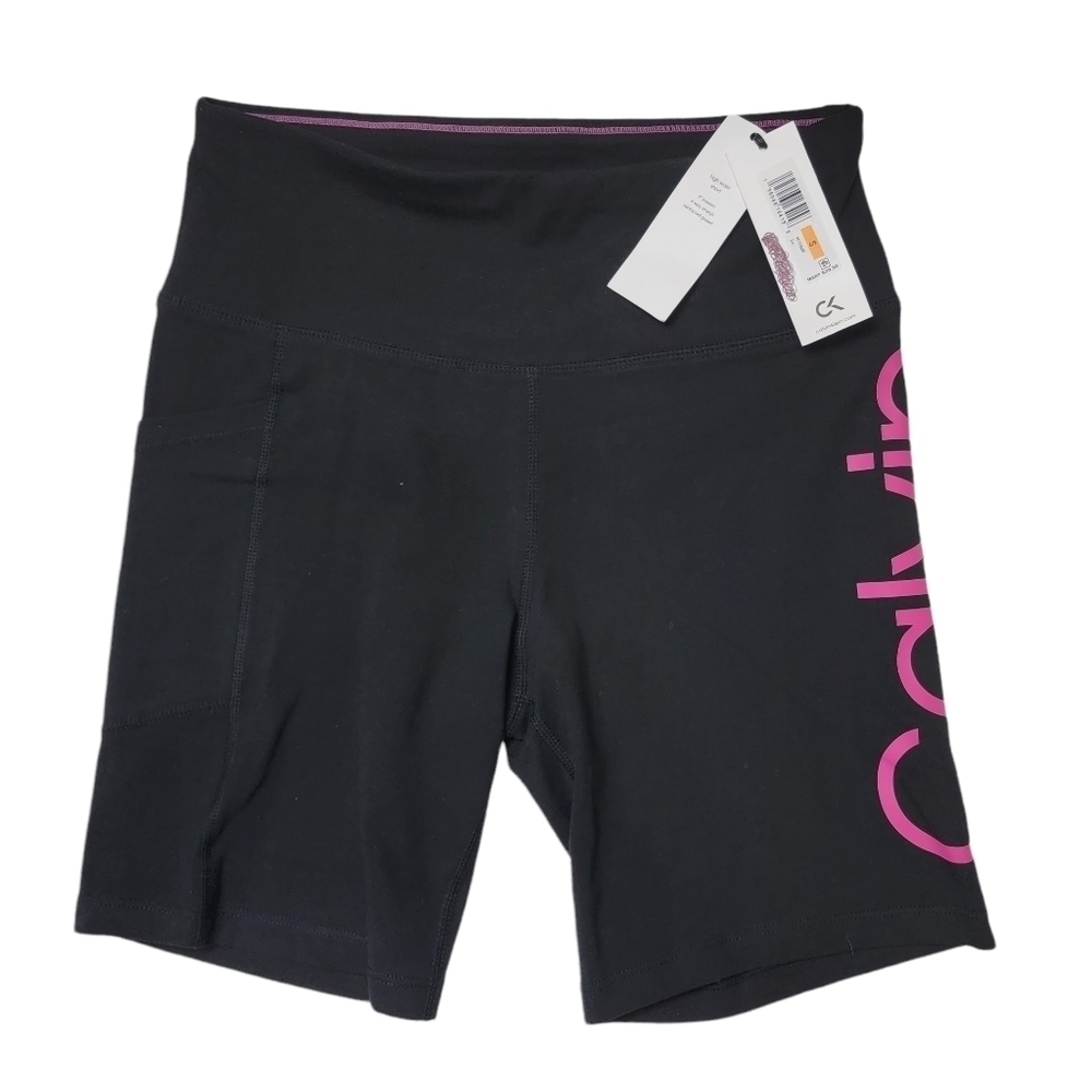 Calvin Klein High Waist 7 Inch Black Pink Logo Side Pocket Yoga Bike Short Small